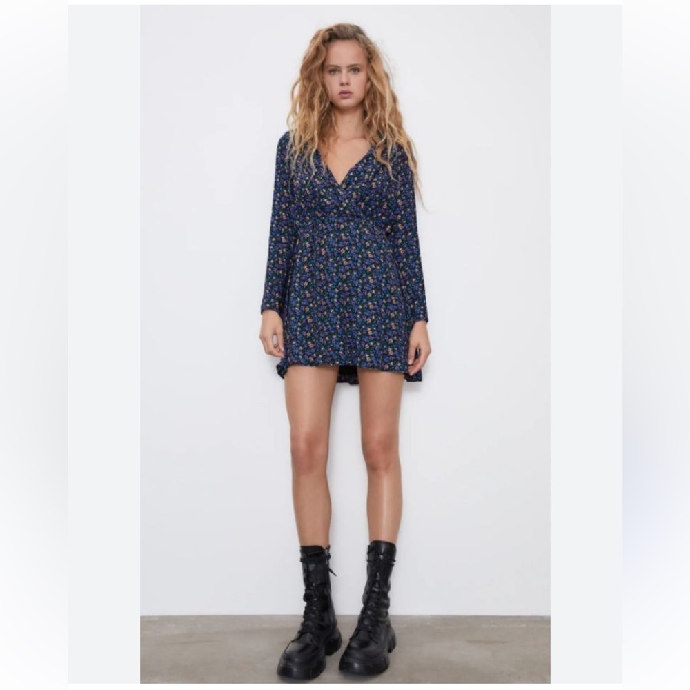Zara Shoulder Pad Long Sleeve Ditsy Floral Print Mini Dress